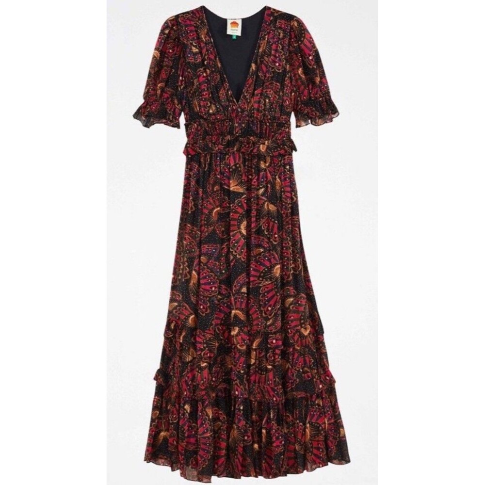 Farm Rio  Butterfly Midi Dress Size Sm Boho Ruffle Tiered V-Neck NWOT